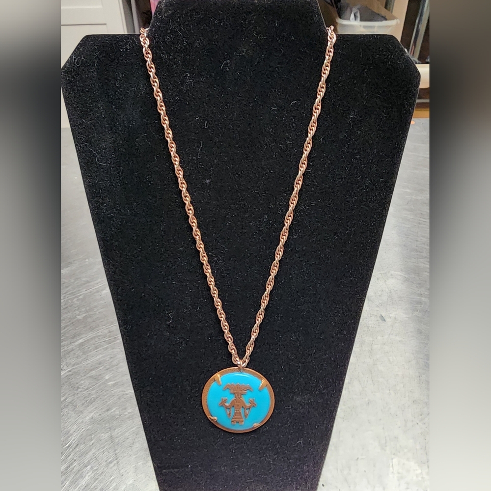VINTAGE Bell Trading Co Aztec  Native American Solid COPPER Pendant NECKLACE 30”